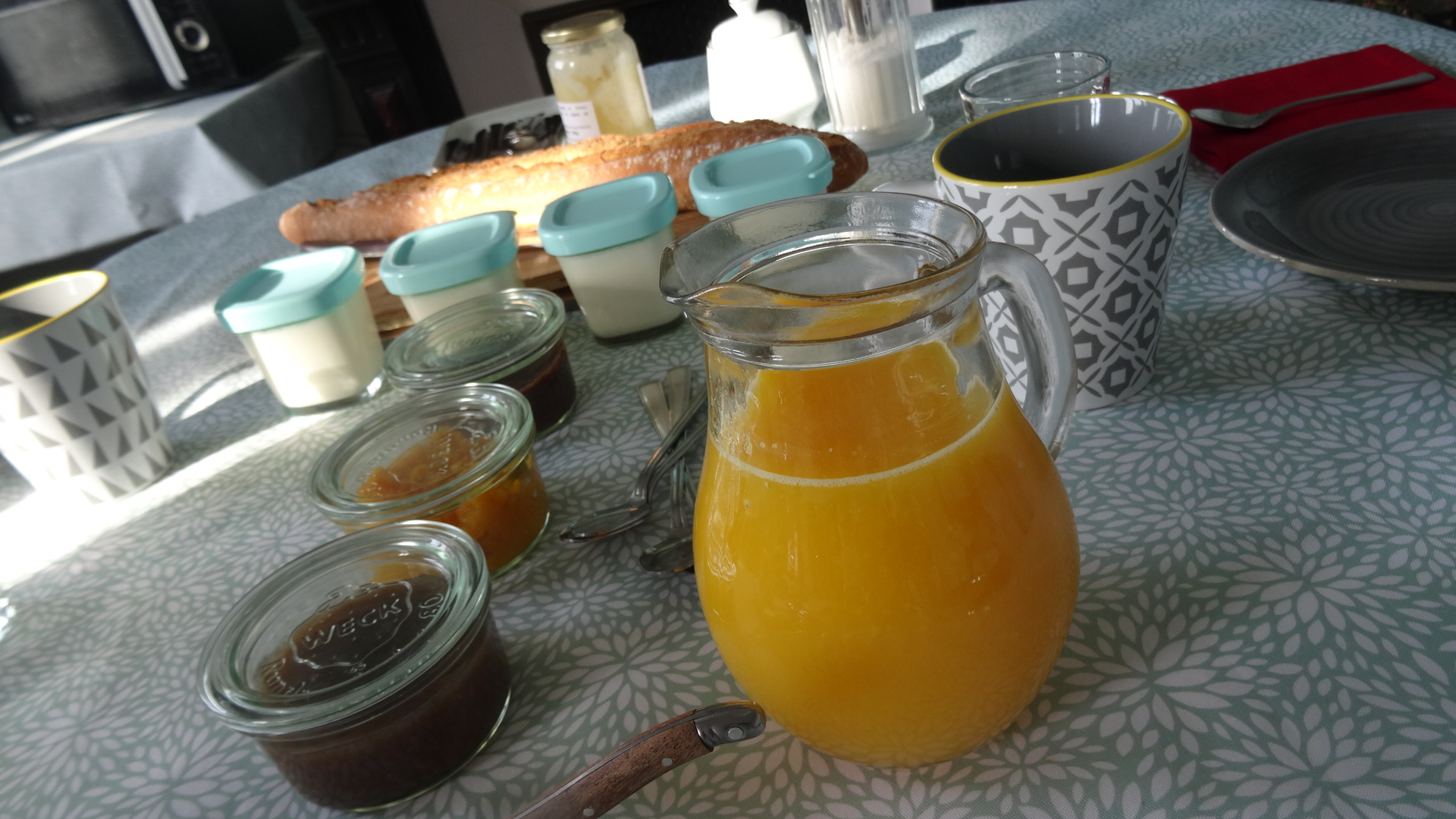 Homemade jams, fresh orange juice, homemade yogurts